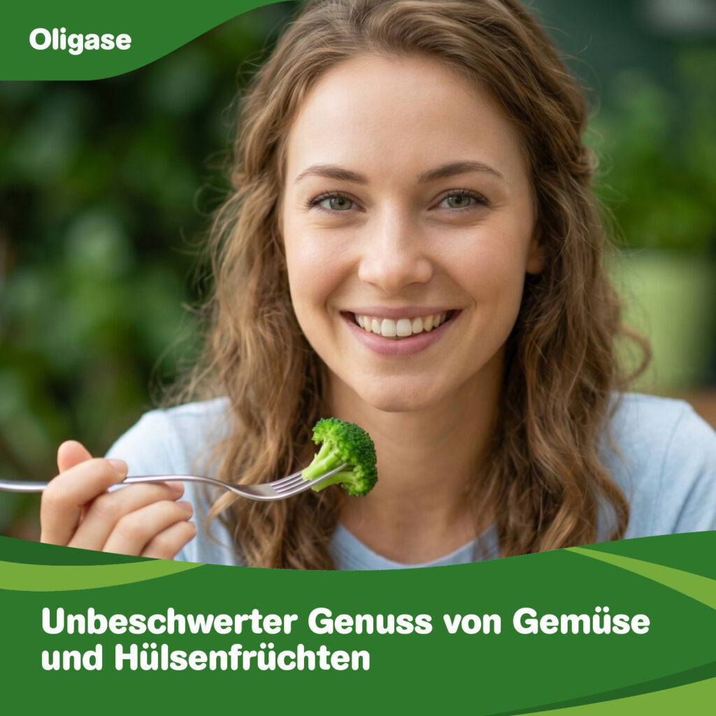 Eine glückliche Frau kann unbeschwert Gemüse essen.